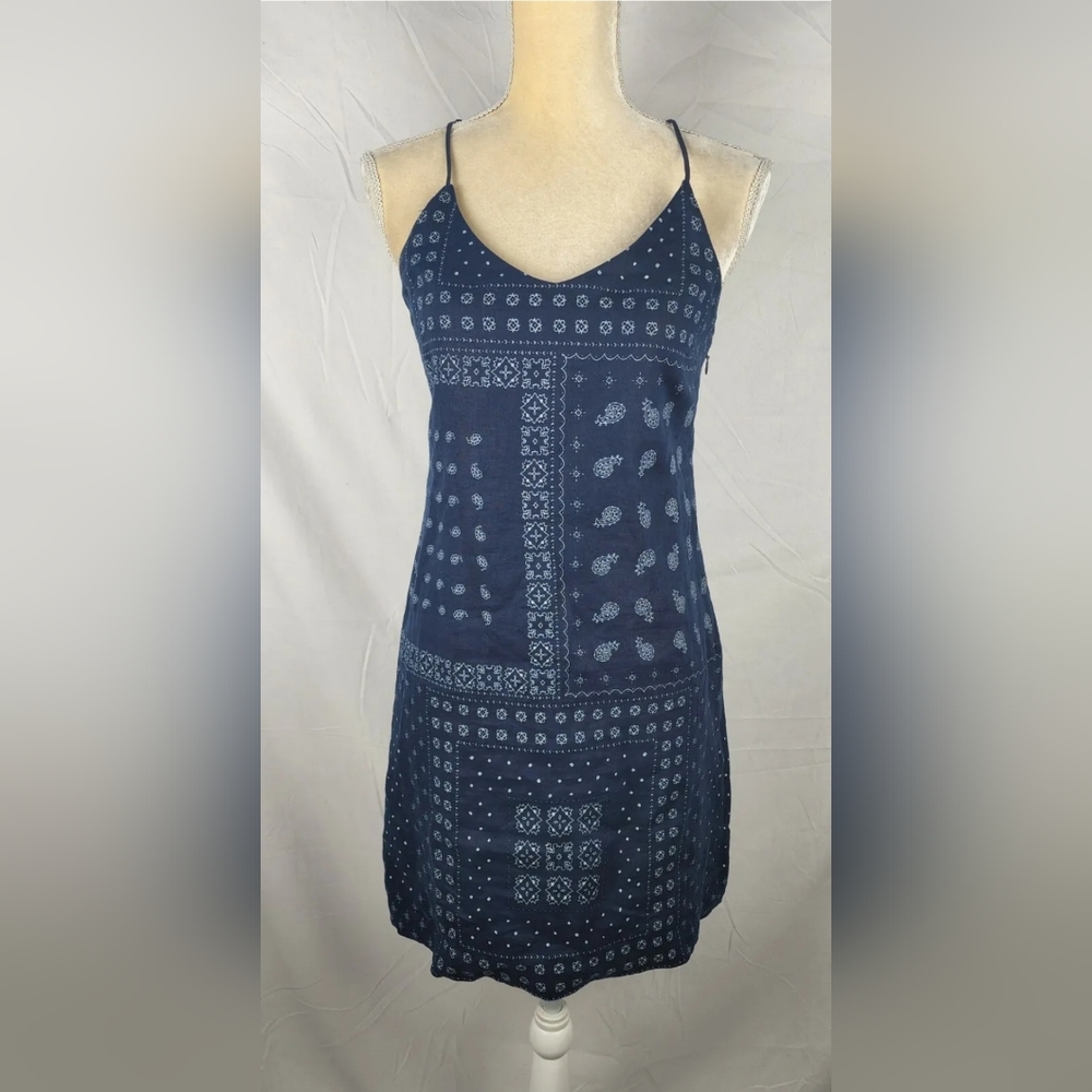J. Crew Women's Paisley Bandana Blue Linen Lined Short Sun Dress sz 0